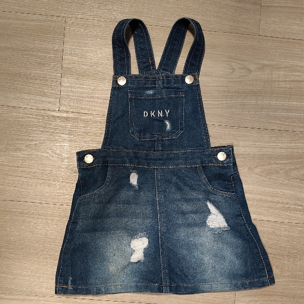 DKNY Dark Blue Distressed Denim Overall Skirt